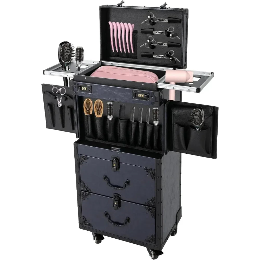 Rolling Lockable Makeup Train Case Stylist Beauty Hair Salon Trolley Suitcase Travel Organizer Tool Box with Hair Dryer Holder