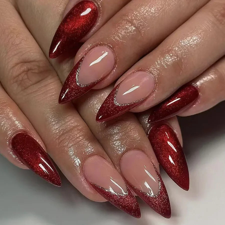24 Pcs Almond Shape French False Nails with Glue Press On White Edge Design Simple Wearable Pink Stiletto Nail Tips