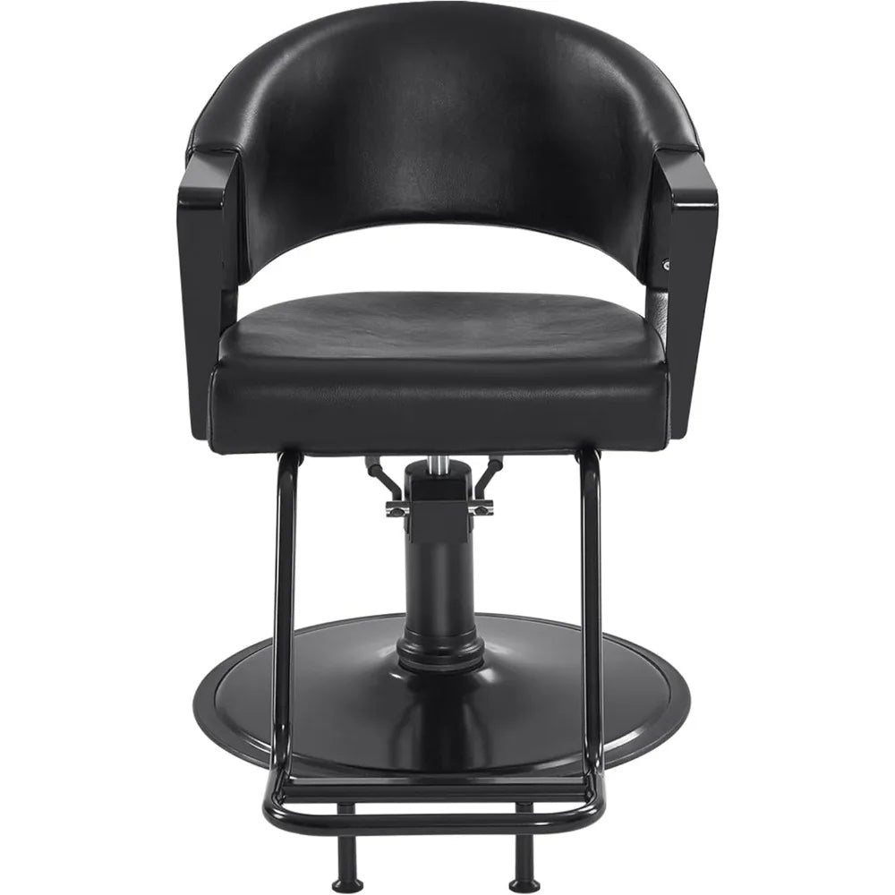Hydraulic Salon Chair, 360° Swivel Classic Modern Hair Styling Barber Chair, All Black Curved Wooden Hair Cutting Salon Beauty