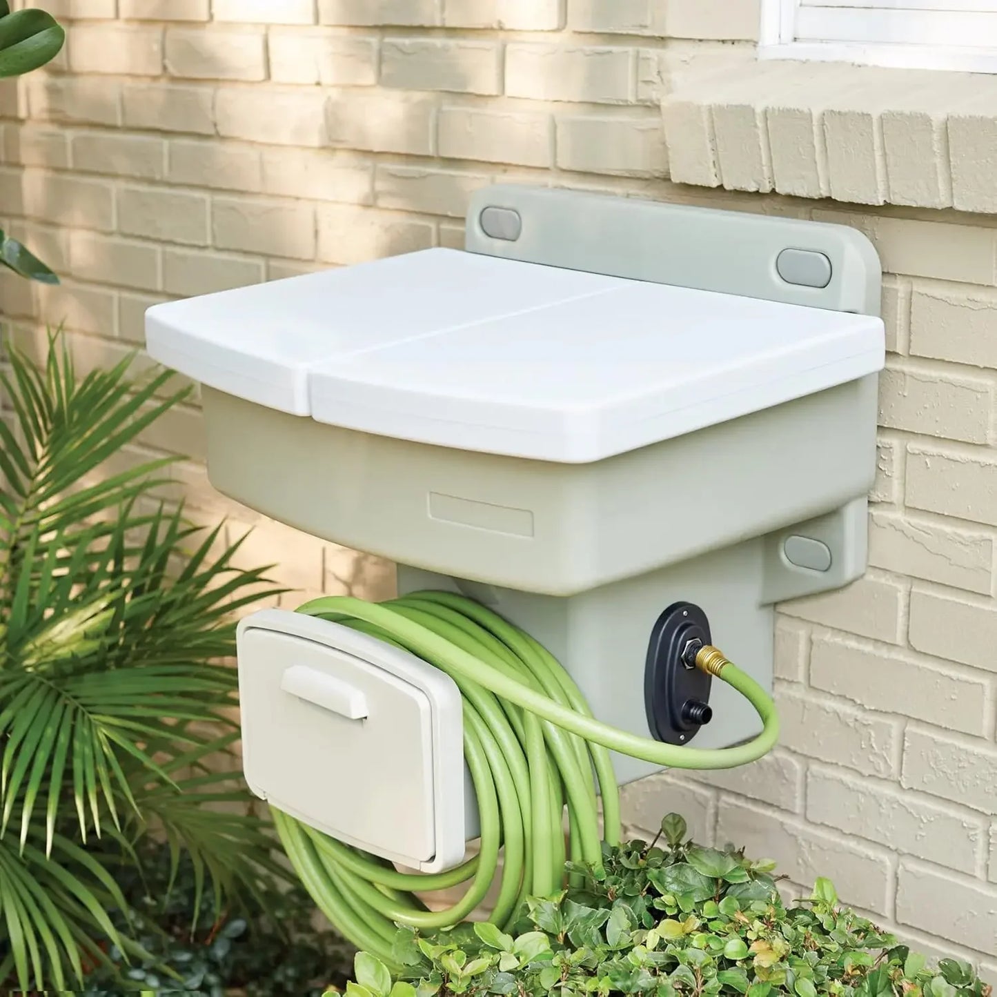 Outdoor Wall Mounted Garden Sink with Hose Holder No Plumbing Required Mountable Outdoor Faucet White