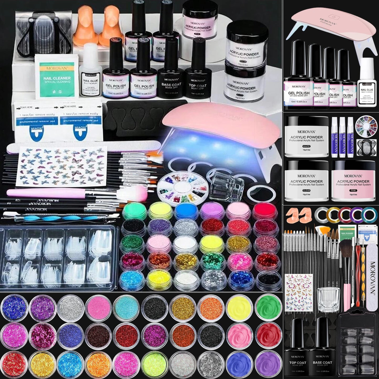 Morovan Acrylic Nail Kit for Beginners: with Everything Professional Gel Polish Kit with U V Lamp Acrylic Nail Set with Glitter