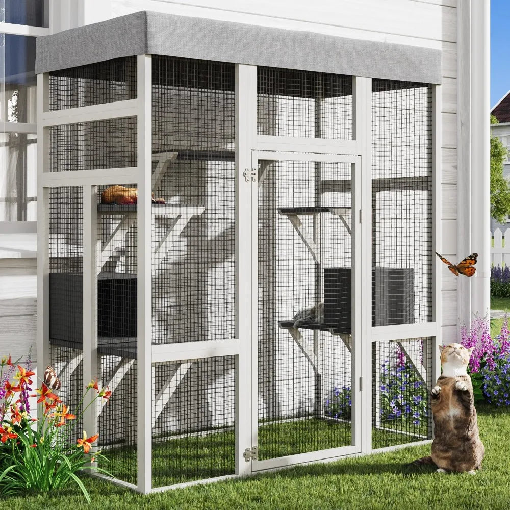 62.6" Spacious Wooden Catio Outdoor Enclosure with Waterproof Canopy, Secure House for Pets, Catio Outdoor Cat Cage Shelter, Gre