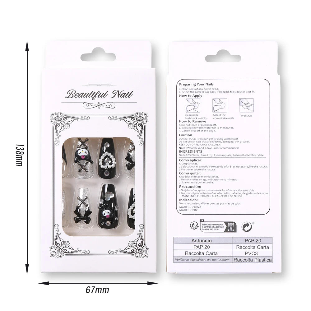 24 Pcs 3D Kuromi Press On Nails Y2K Cartoon Handmade Fake Nails Black Gel Wearable Nails Cinnamoroll Melody Anime False Nails