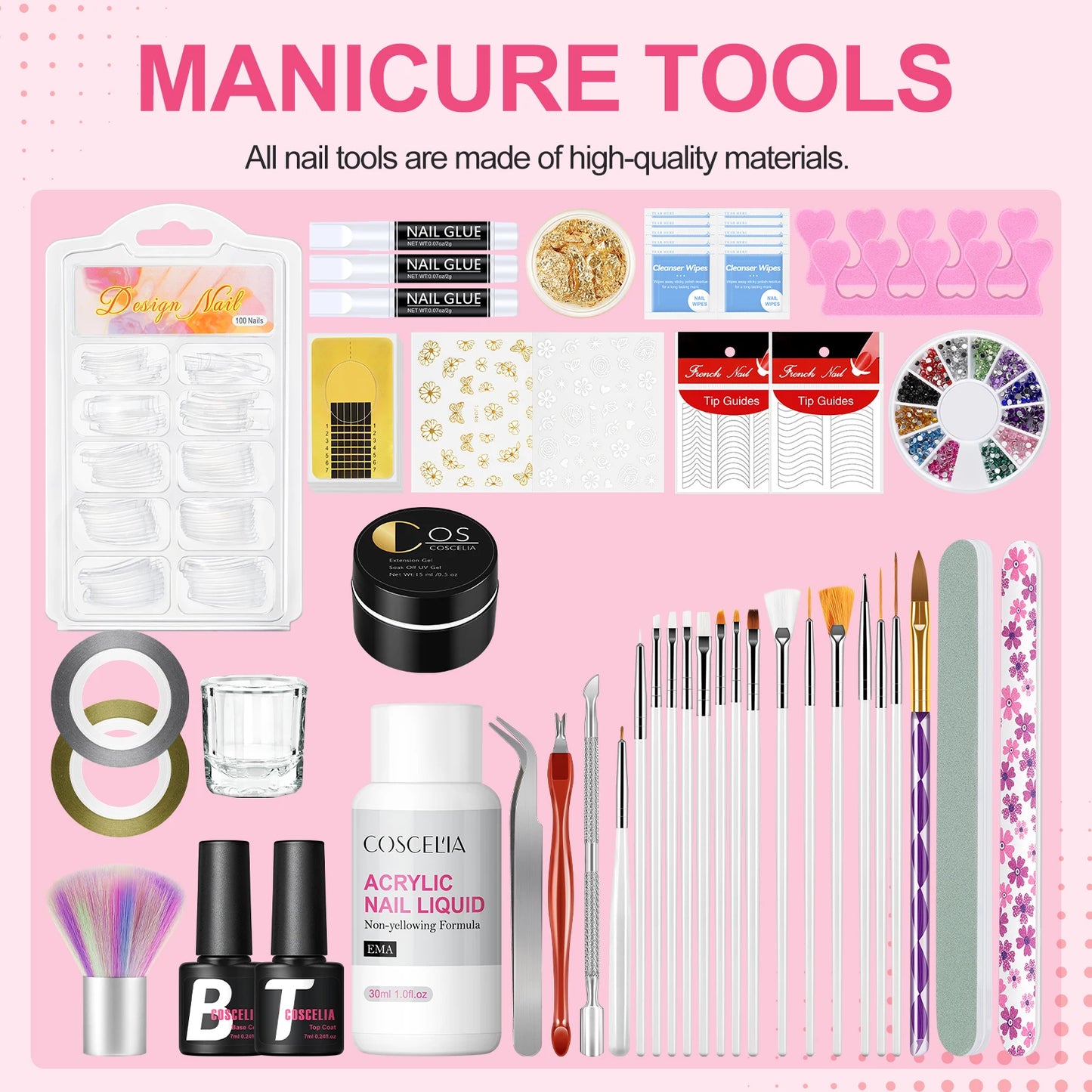 Coscelia Manicure Kits with 30ML Acrylic Liquid 15ML Clear UV Gel Base Top Coat and Nail Lamp Nail Drill Machine for Women