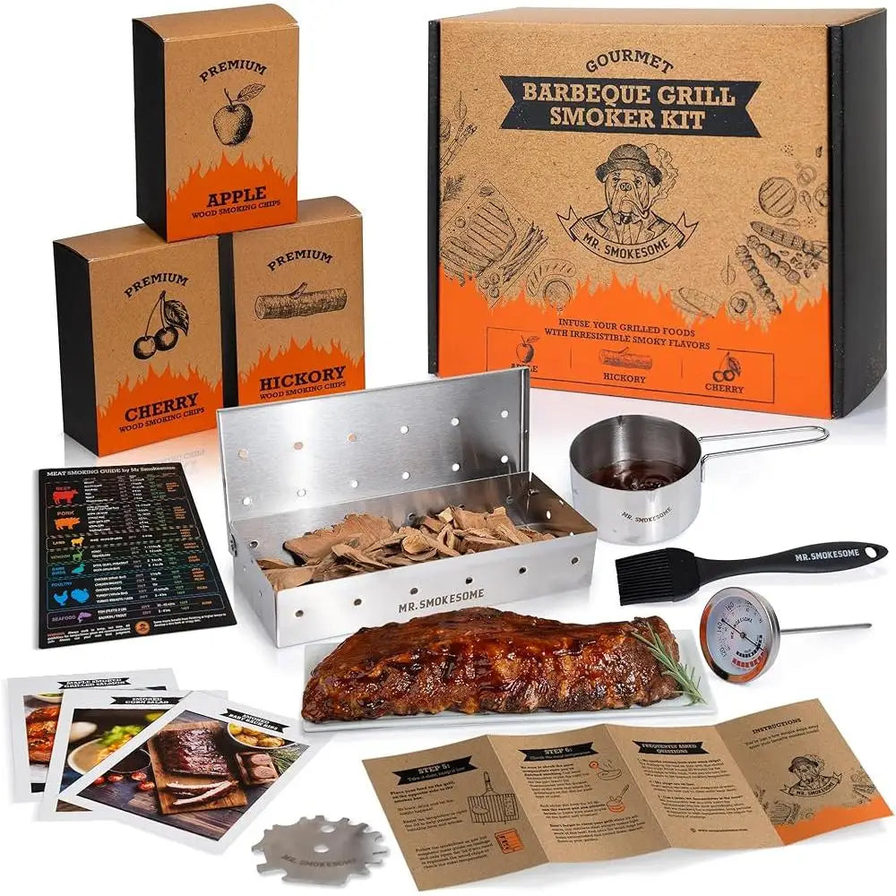 Wood Smoked BBQ Grill Set 12 Pieces Smoker Box Grill Accessories Premium Stainless Steel Meat Thermometer and Chips