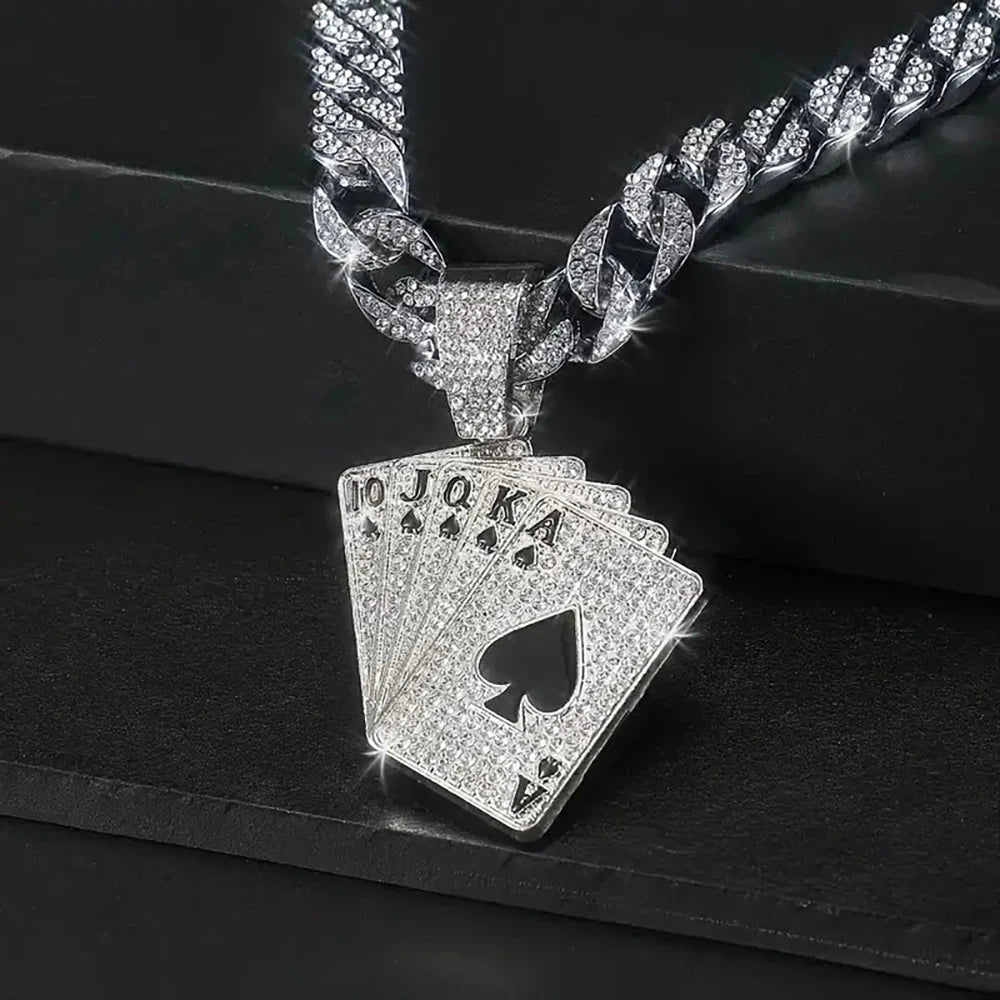 18K Gold Plated Hip Hop Iced Out Spades Playing Card Necklace Men's Personalized Street Rock Trend Jewelry