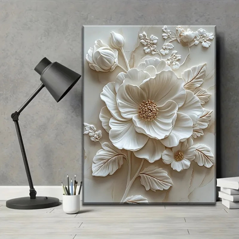 White Flower Pattern Wood Frame Canvas Murals Can Be Hung Directly Wall Mounted Decoration Suitable for HomeLiving Room