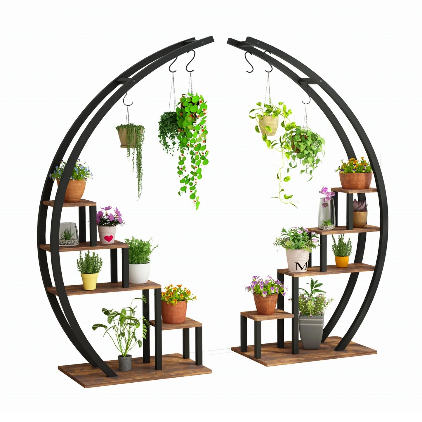 Plant Stand Indoor Outdoor 2 Pcs Metal Plant Shelf Tall Plants Holder with Plants Hanger Flower Display Rack for Garden Balcony