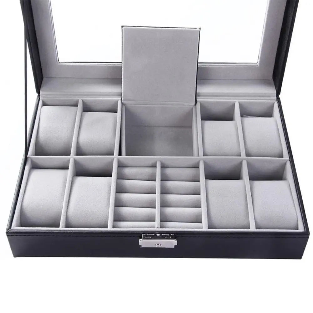 High Quality PU Leather Watch Storage Organizer Box Large Capacity Transparent Lid Jewelry Display Box