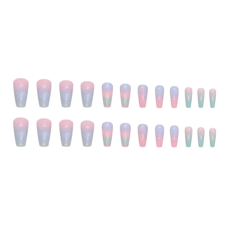 24Pc Set Pink Blue Gradient Long Ballet Press On Nails