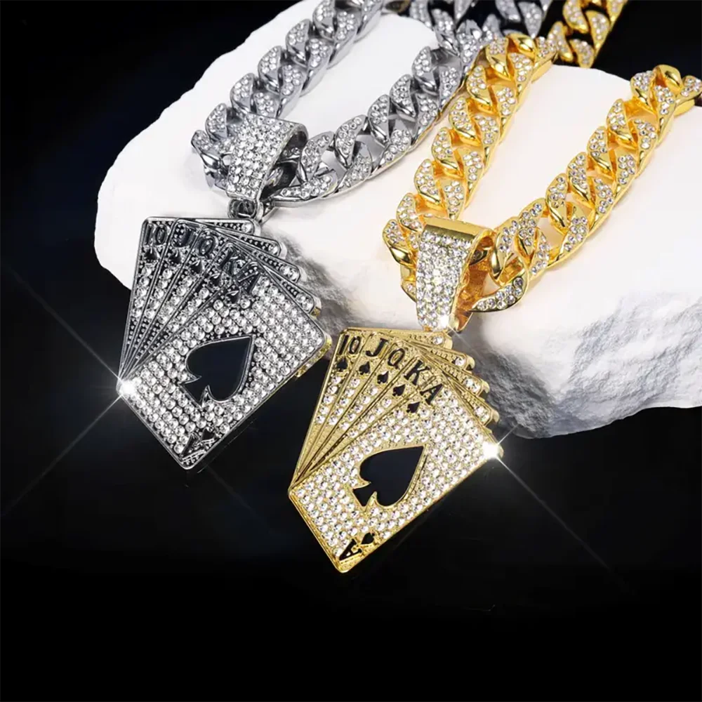 18K Gold Plated Hip Hop Iced Out Spades Playing Card Necklace Men's Personalized Street Rock Trend Jewelry