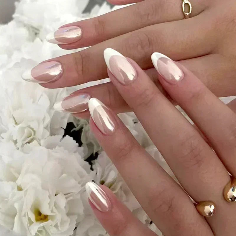 24 Pcs Almond Shape French False Nails with Glue Press On White Edge Design Simple Wearable Pink Stiletto Nail Tips