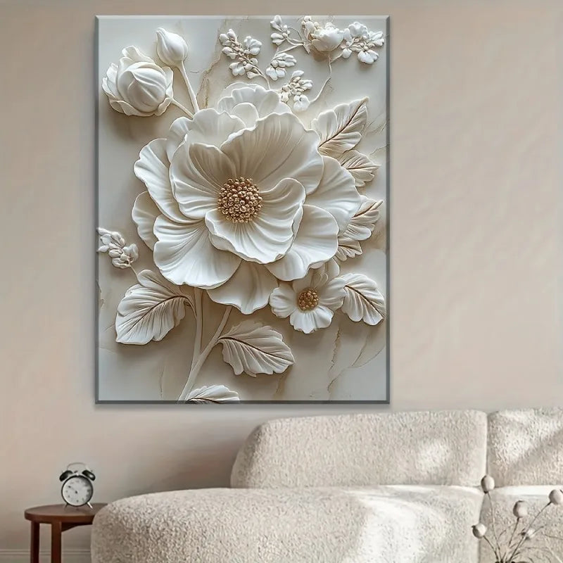 White Flower Pattern Wood Frame Canvas Murals Can Be Hung Directly Wall Mounted Decoration Suitable for HomeLiving Room