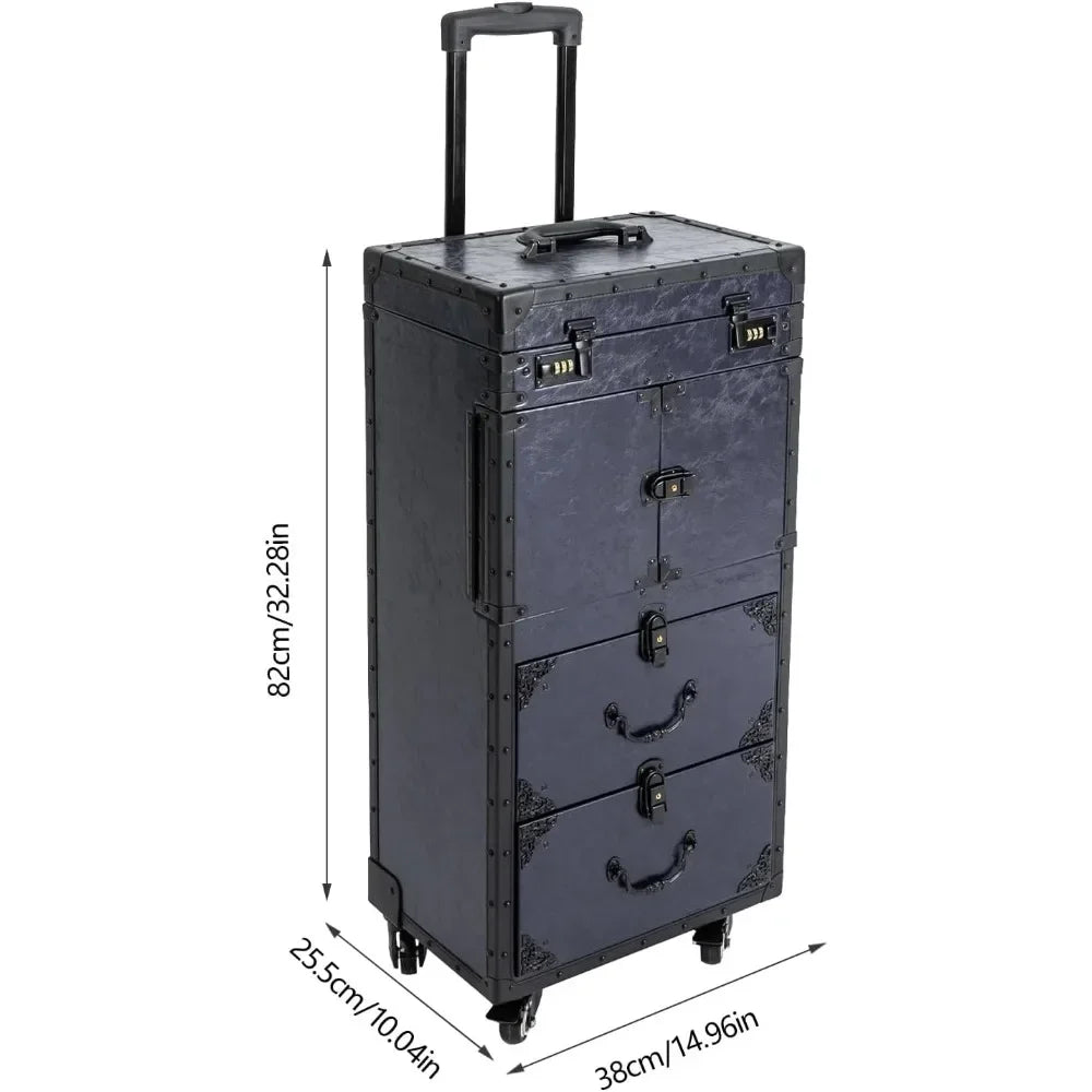 Rolling Lockable Makeup Train Case Stylist Beauty Hair Salon Trolley Suitcase Travel Organizer Tool Box with Hair Dryer Holder