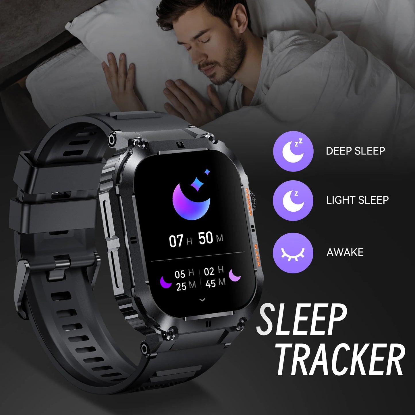 EIGIIS Military Smart Watch For Men Bluetooth Call 1.96 Inch HD Screen Fitness Tracker Heart Rate Blood Pressure IP68 Waterproof