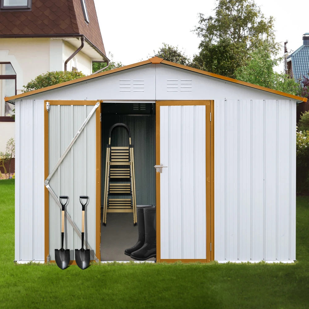 10ft x 12ft Garden Shed with Updated Frame Structure and Lockable Doors Metal Tool Storage for Backyard and Patio