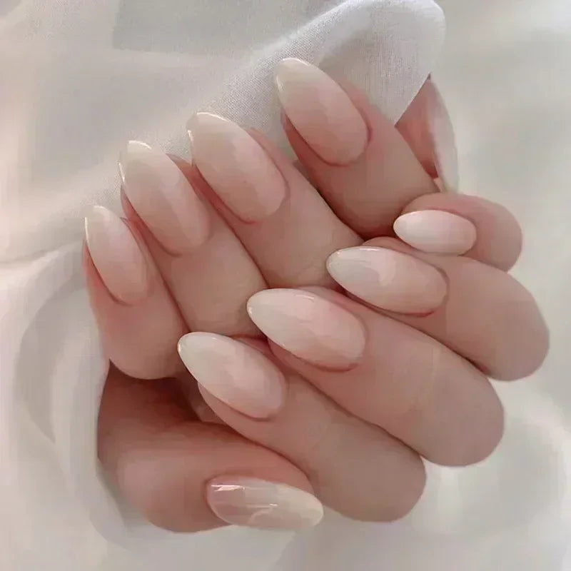 24 Pcs Almond Shape French False Nails with Glue Press On White Edge Design Simple Wearable Pink Stiletto Nail Tips
