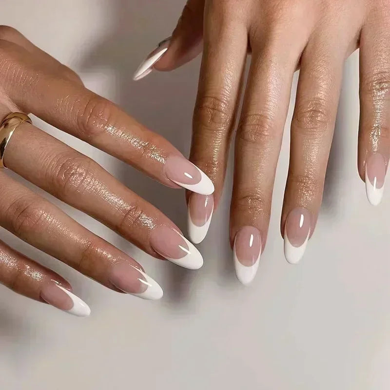 24 Pcs Almond Shape French False Nails with Glue Press On White Edge Design Simple Wearable Pink Stiletto Nail Tips