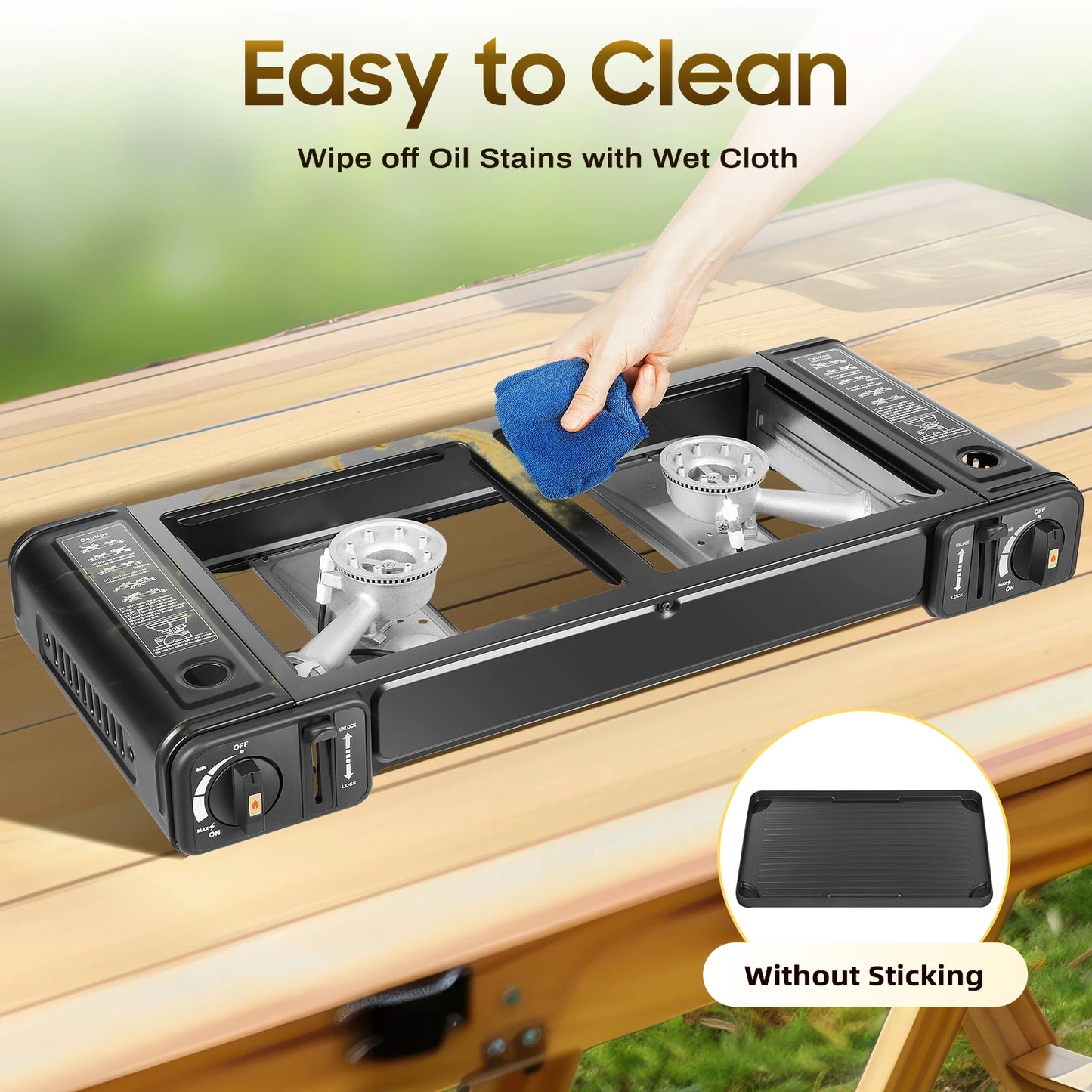 2in1 2 Burner Portable Camping Stove Butane Camping Stove Kit with Baking Pan and Carrying Case Auto Ignition Camping Burner LPG