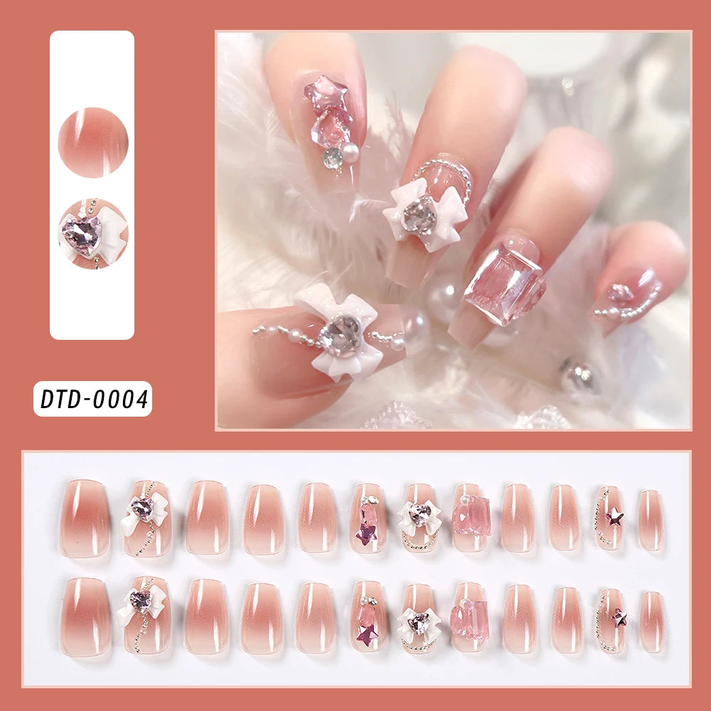 24 Pcs 3D Kuromi Press On Nails Y2K Cartoon Handmade Fake Nails Black Gel Wearable Nails Cinnamoroll Melody Anime False Nails