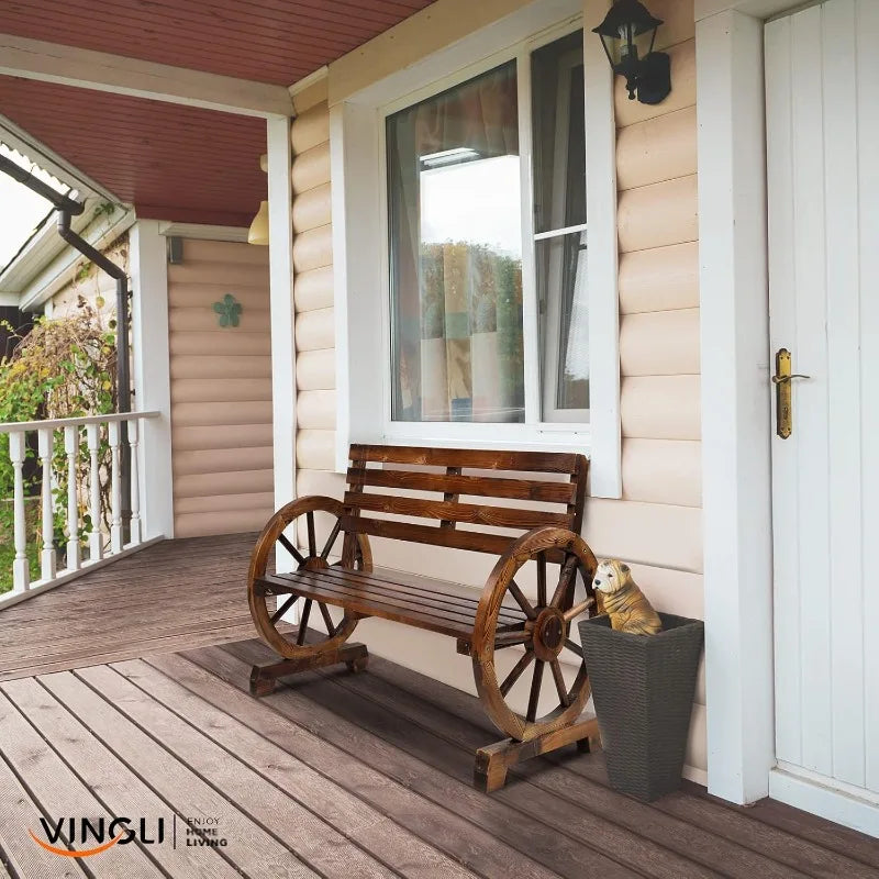 41 Inch Rustic Wooden Wheel Bench Outdoor 2 Person Patio Bench Wagon Slatted Seat Garden Benches High Capacity 350lbs