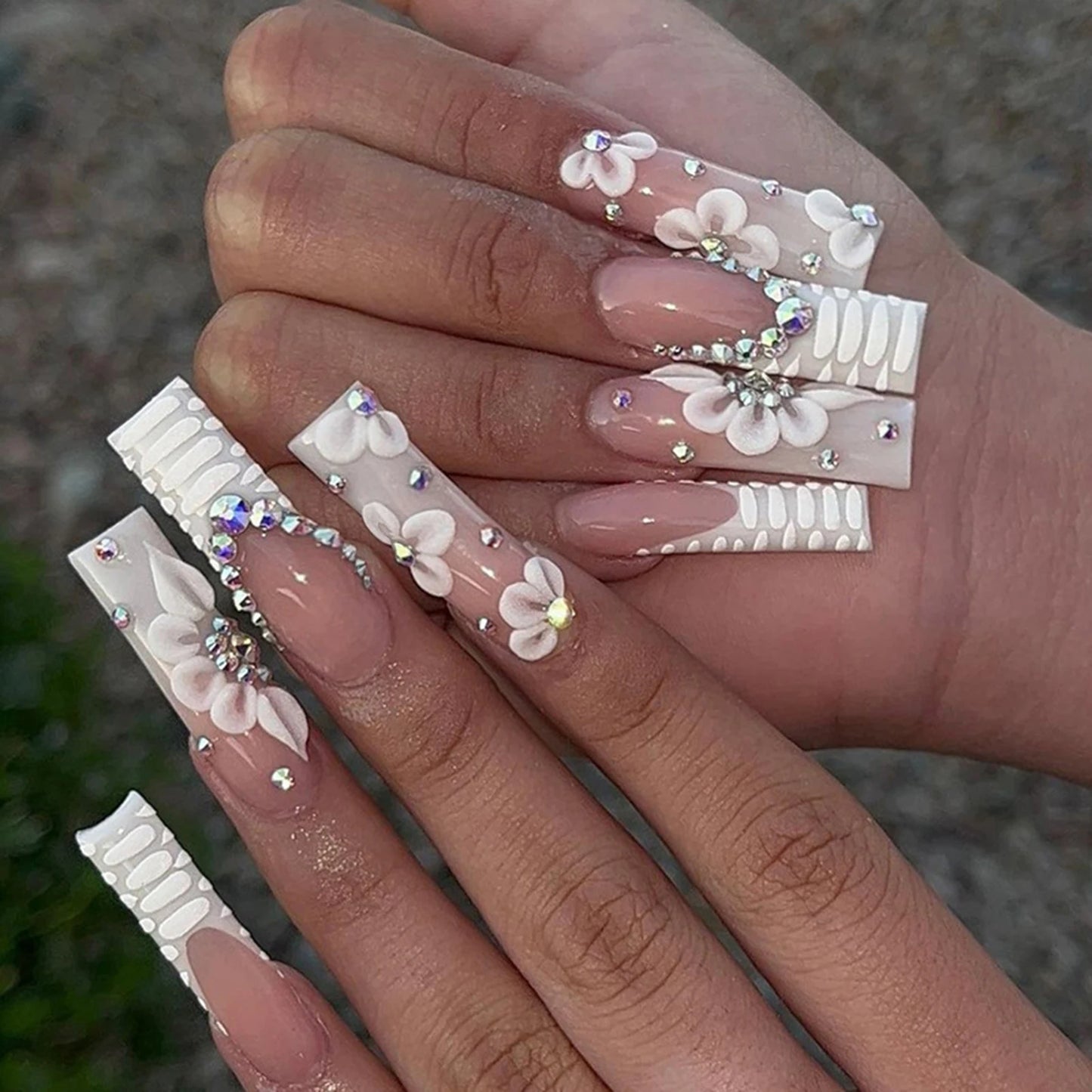 Rhinestone White Long Square Fake Nails UV Gel Set Party