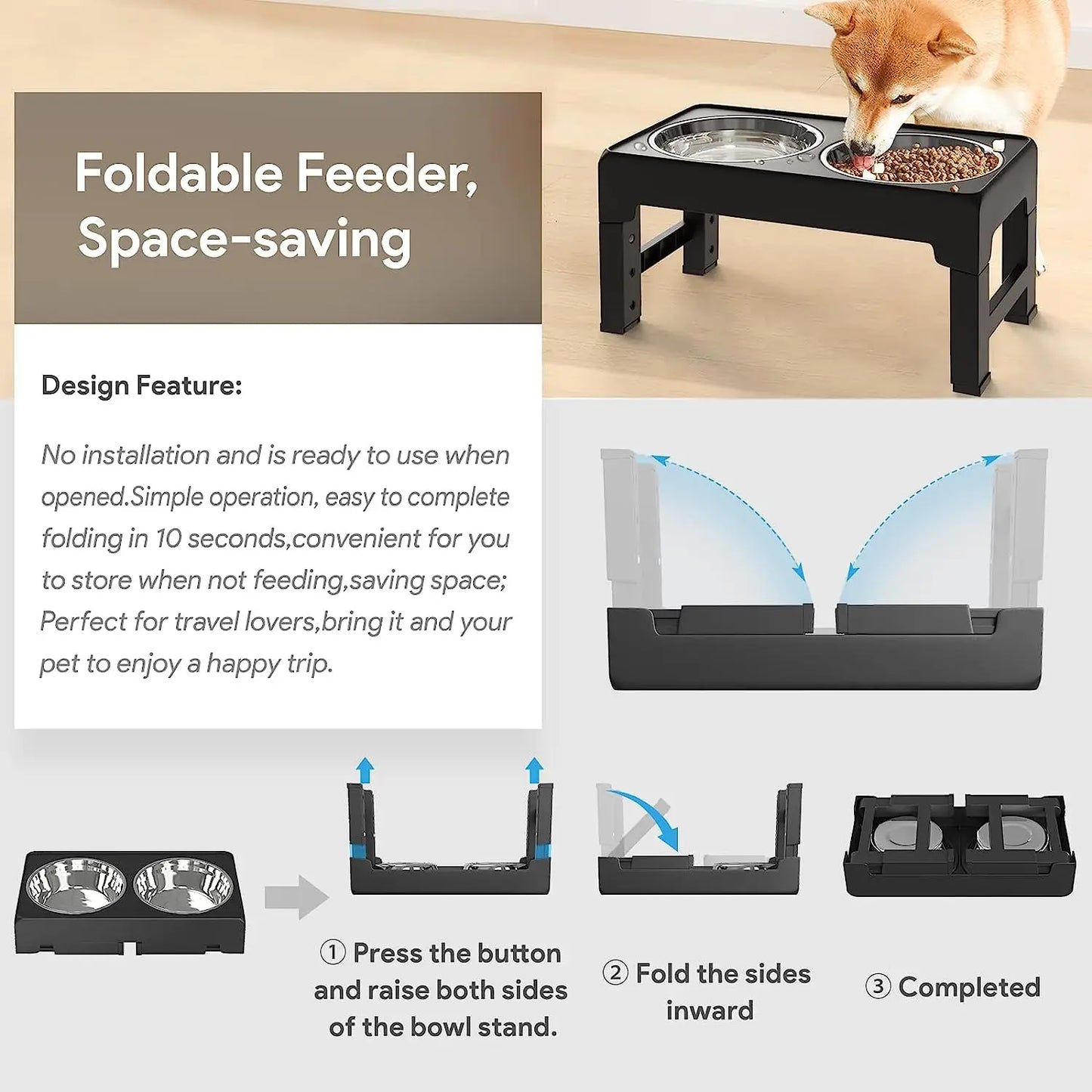 Multi Heights Folding Feeder Raised Dog & Cat Bowls Adjustable Heights Stainless Steel