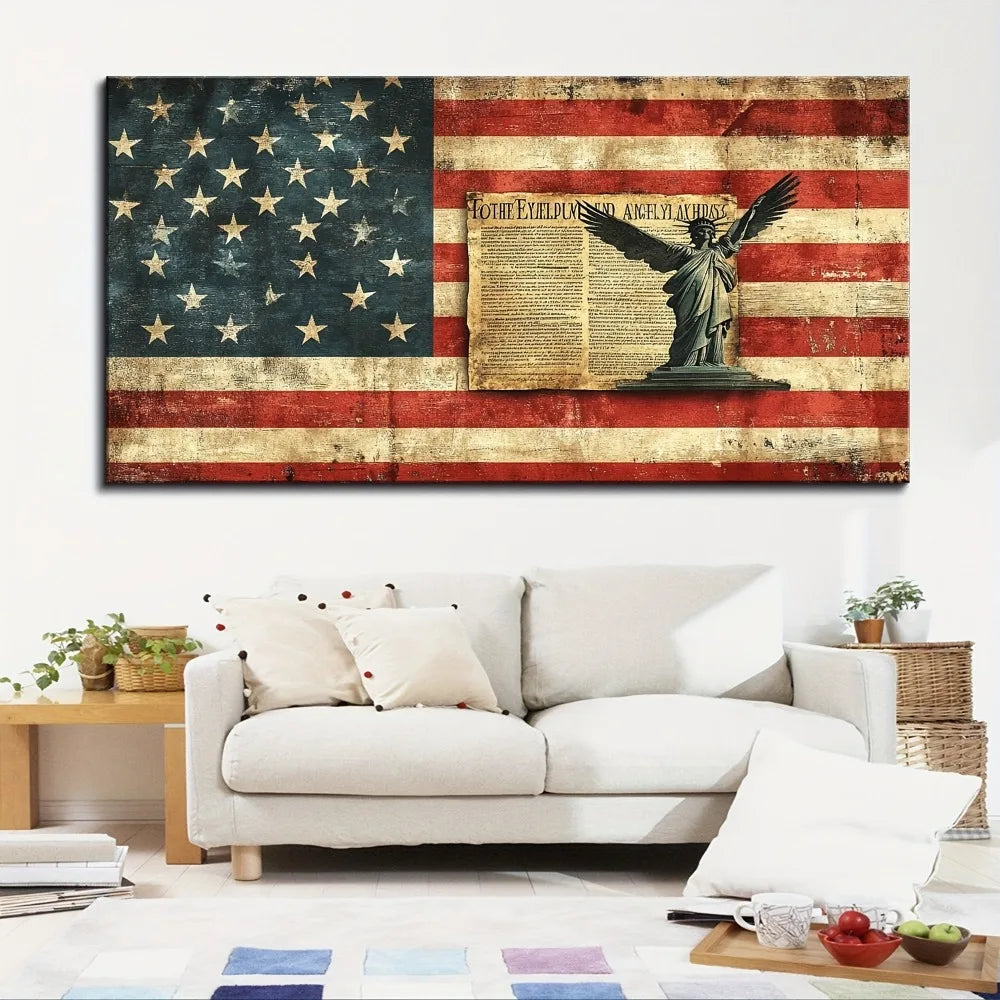 1.5 inch thick pine solid wood frame, American mural, vintage American flag canvas printed mural, interior trim
