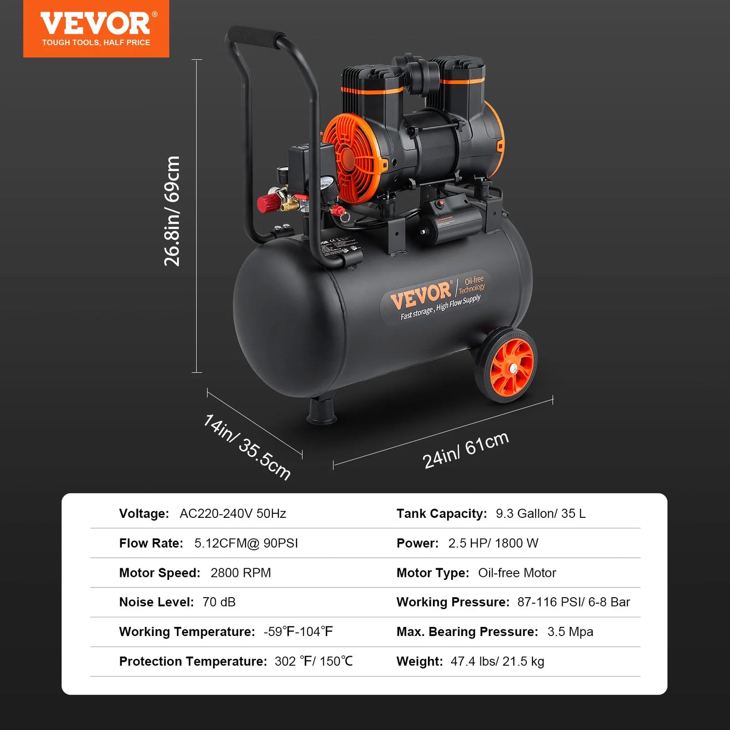 VEVOR Silent Air Compressor 9L 18L 24L 35L Quiet Oil Free Portable Air Pump for Home Repair and Tire Inflation