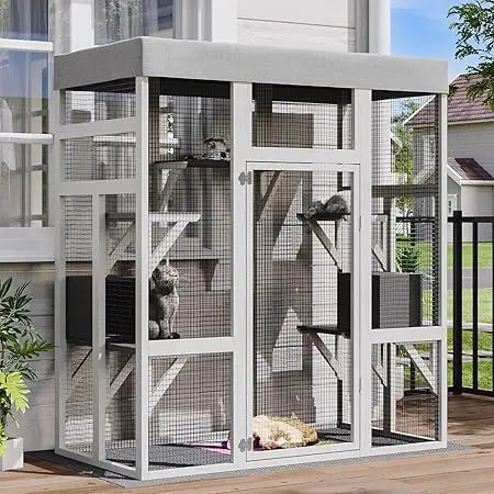 62.6" Spacious Wooden Catio Outdoor Enclosure with Waterproof Canopy, Secure House for Pets, Catio Outdoor Cat Cage Shelter, Gre