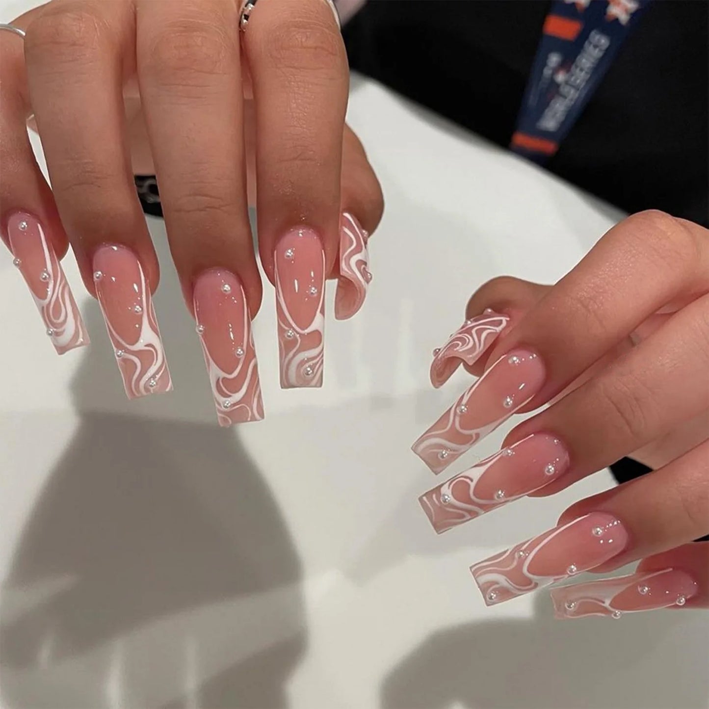 Rhinestone White Long Square Fake Nails UV Gel Set Party