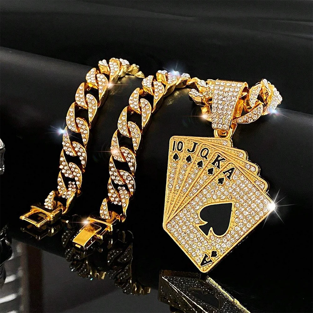18K Gold Plated Hip Hop Iced Out Spades Playing Card Necklace Men's Personalized Street Rock Trend Jewelry