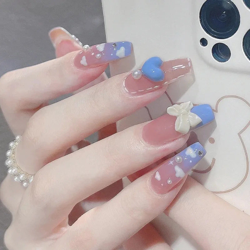 24 Pcs 3D Kuromi Press On Nails Y2K Cartoon Handmade Fake Nails Black Gel Wearable Nails Cinnamoroll Melody Anime False Nails