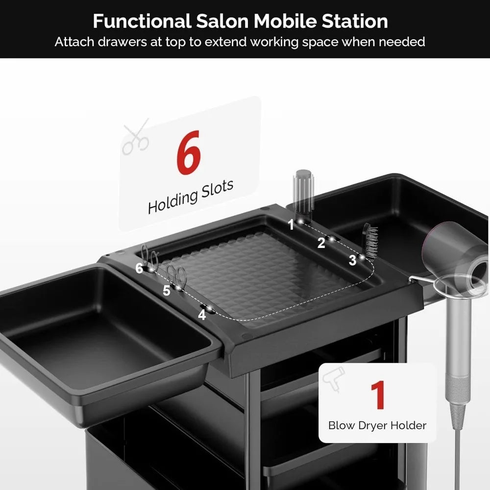 Salon Trolley with 6 Drawers & Dryer Holder, Mobile Storage Station Hairstylist Cart with Wheels for Beauty Tattoo Hairdressing