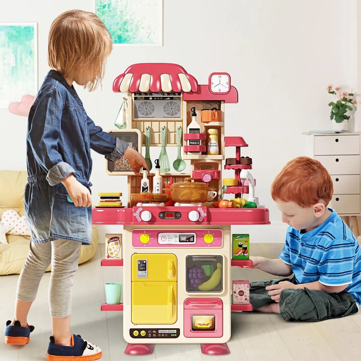 Children's Kitchen Counter Play Set DIY Simulated Cooking Food Tableware Role Play Toy Gift for Kids