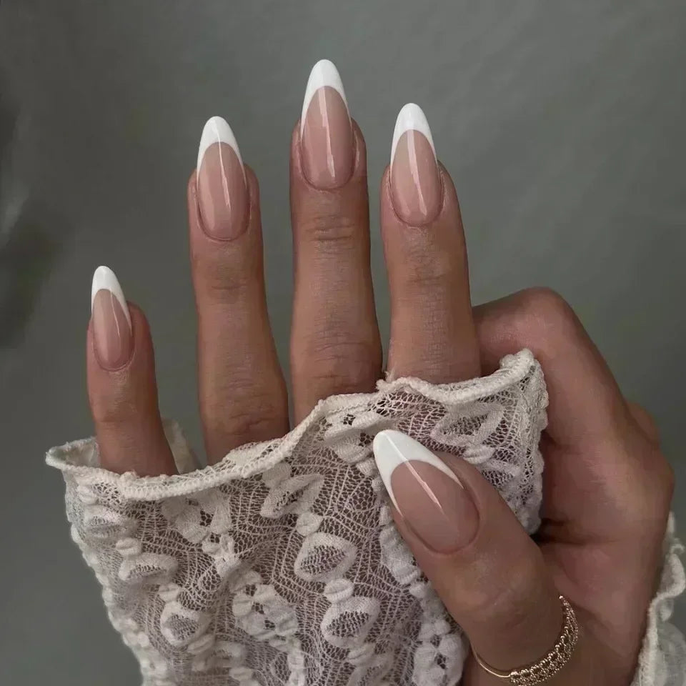 24 Pcs Almond Shape French False Nails with Glue Press On White Edge Design Simple Wearable Pink Stiletto Nail Tips