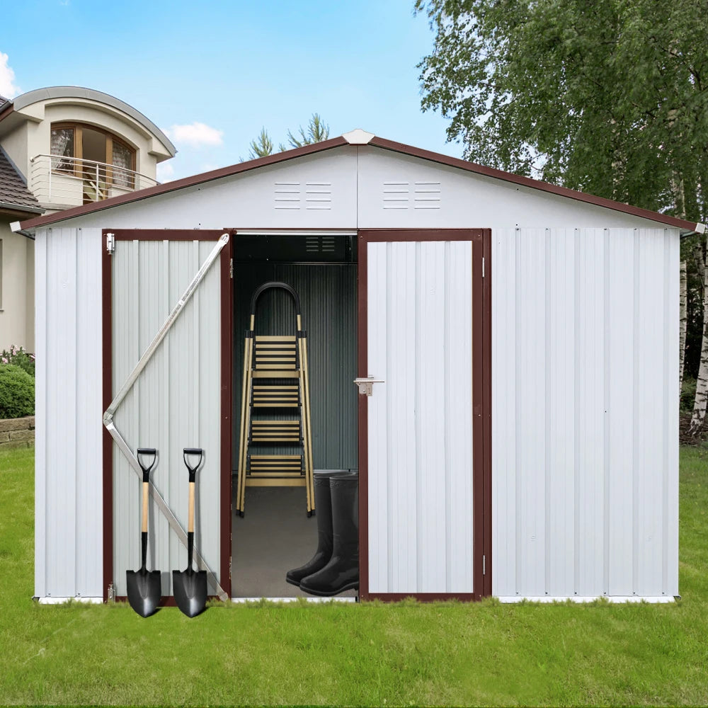 10ft x 12ft Garden Shed with Updated Frame Structure and Lockable Doors Metal Tool Storage for Backyard and Patio