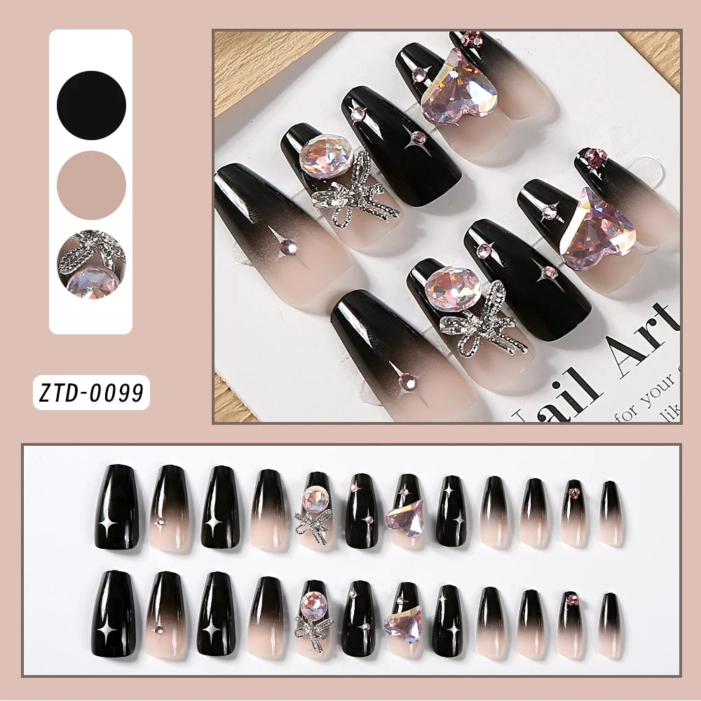24 Pcs 3D Kuromi Press On Nails Y2K Cartoon Handmade Fake Nails Black Gel Wearable Nails Cinnamoroll Melody Anime False Nails