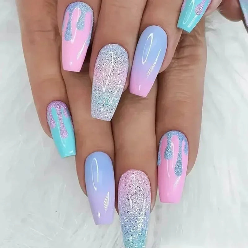 24Pc Set Pink Blue Gradient Long Ballet Press On Nails