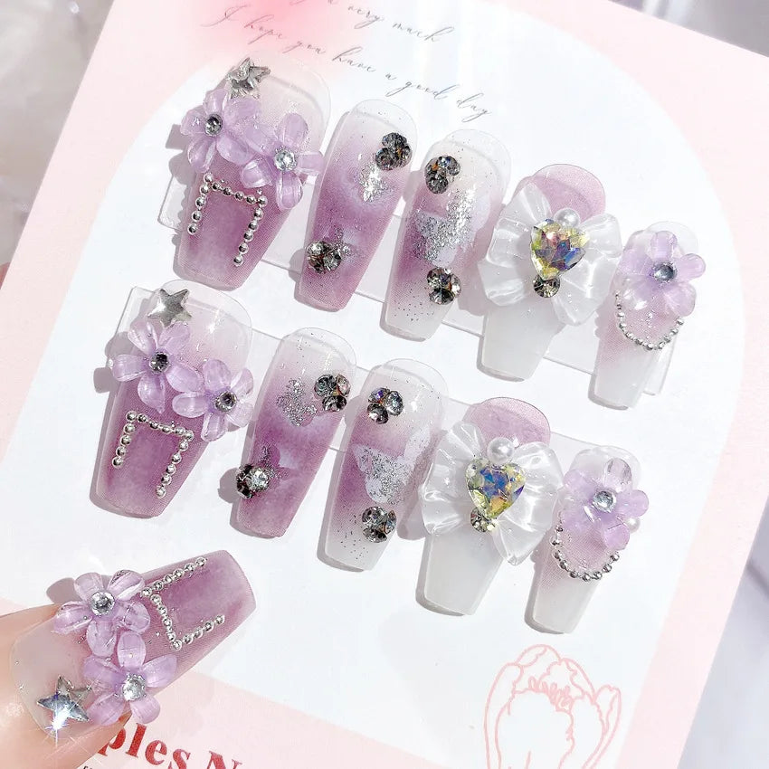 24 Pcs 3D Kuromi Press On Nails Y2K Cartoon Handmade Fake Nails Black Gel Wearable Nails Cinnamoroll Melody Anime False Nails