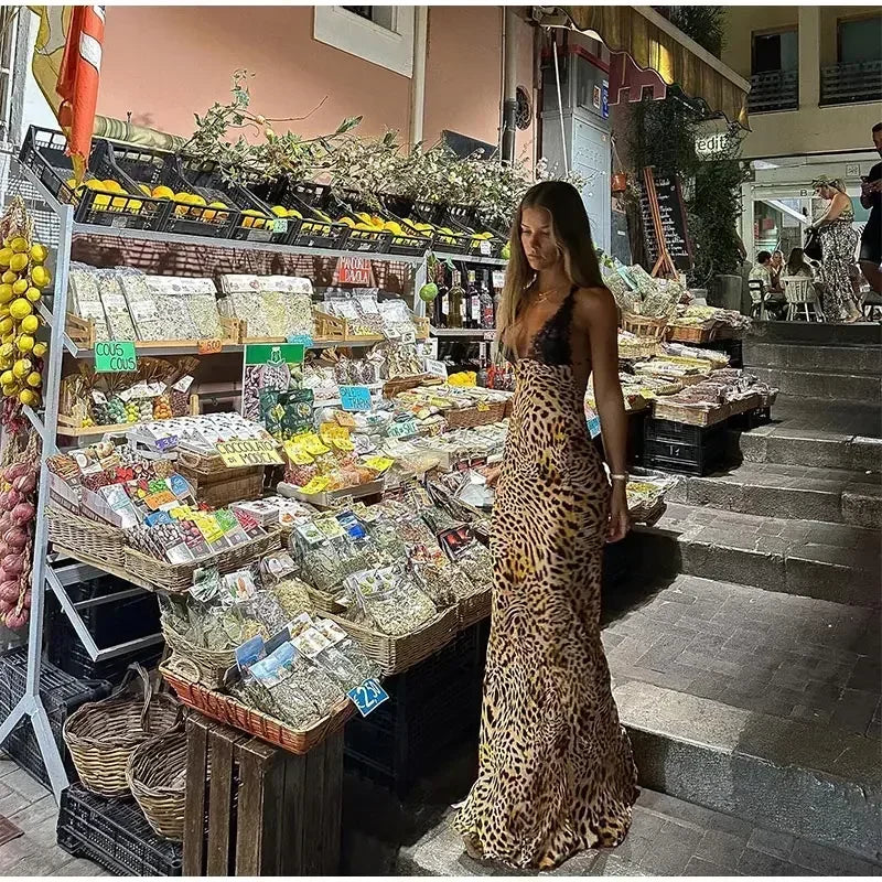 Women Halter Lace Leopard Print Maxi Dress Backless