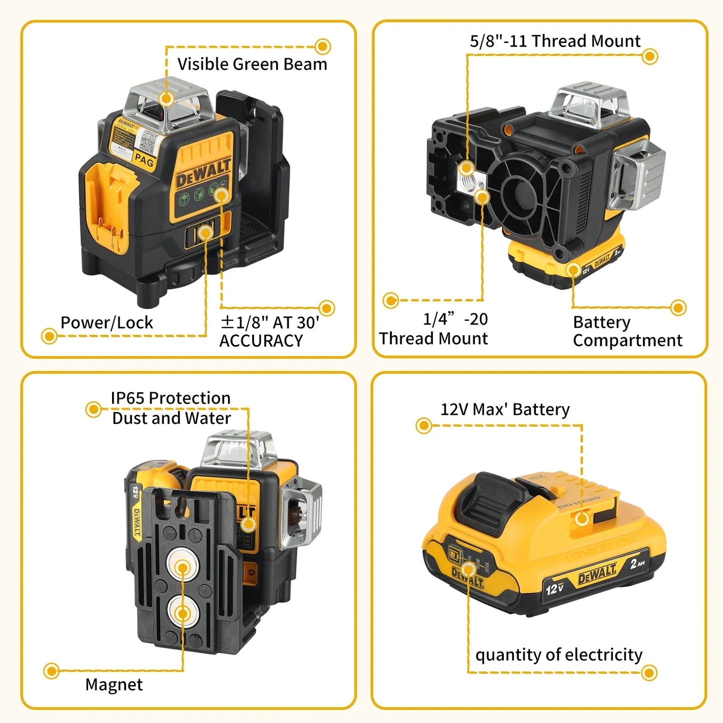 Dewalt DW089LG 3 Sides Degree Vertical Laser Meter Outdoor Level 360 Self Leveling Green Beam Laser Li Ion Battery Lasers