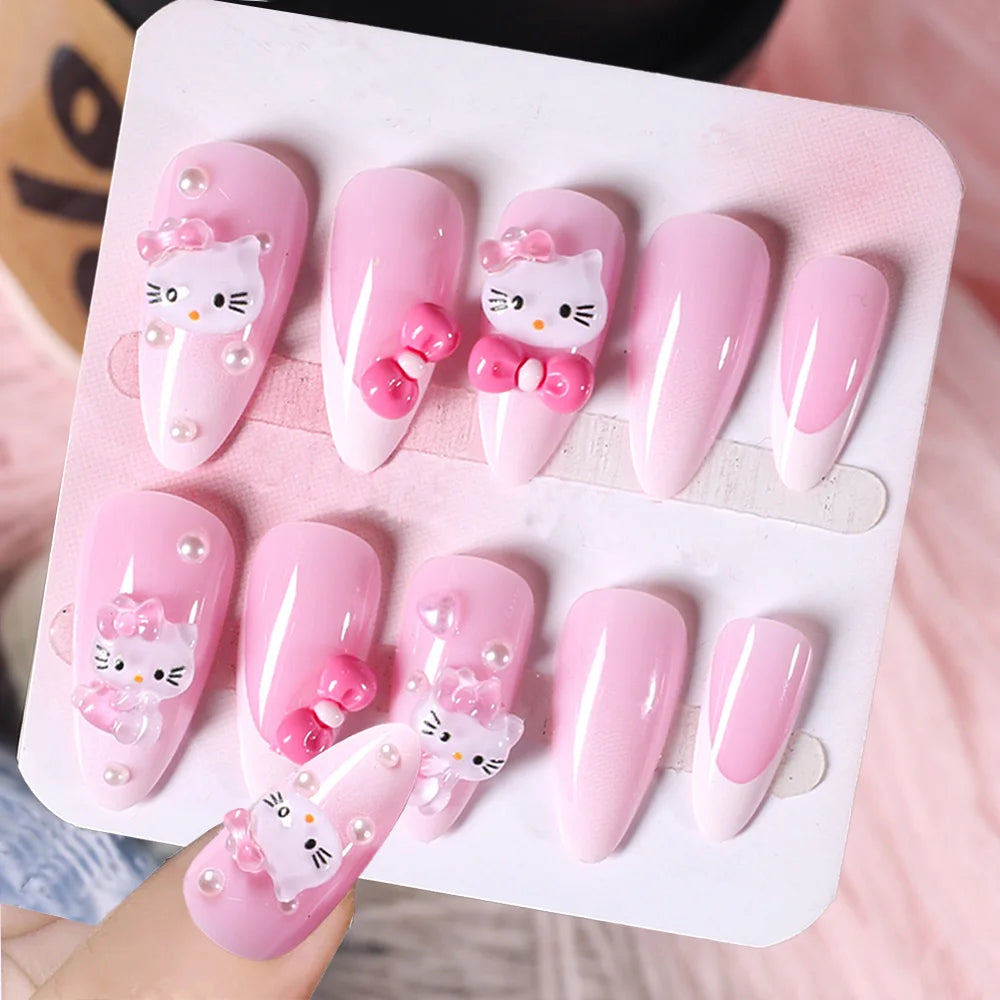 24 Pcs 3D Kuromi Press On Nails Y2K Cartoon Handmade Fake Nails Black Gel Wearable Nails Cinnamoroll Melody Anime False Nails