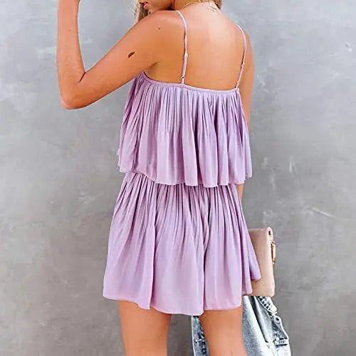 New Summer Women's Jumpsuit Suspender Pleated Shorts Solid Color Sexy Sweet Fashion Street Backless Jumpsuit