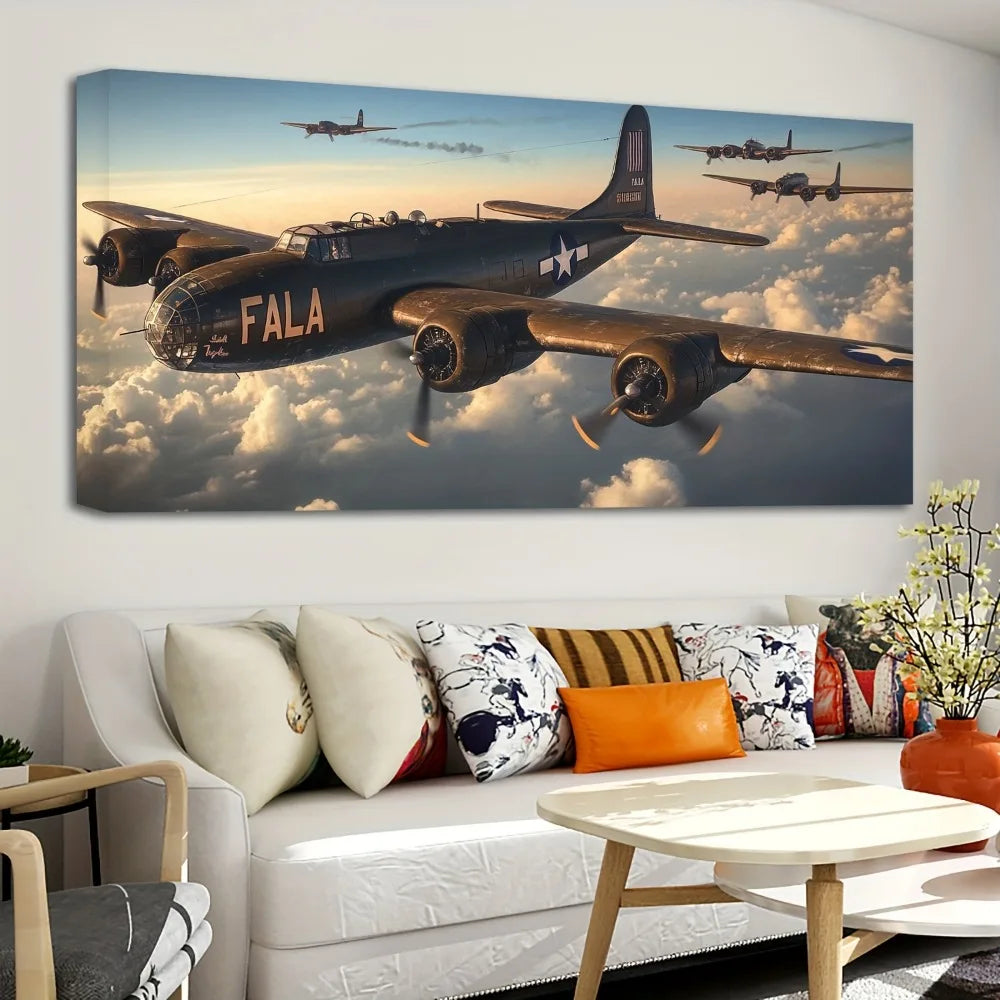 1.5 inch thick pine solid wood frame, wall trim, B-24 Liberator canvas poster painting, Modern office, Home bedroom,