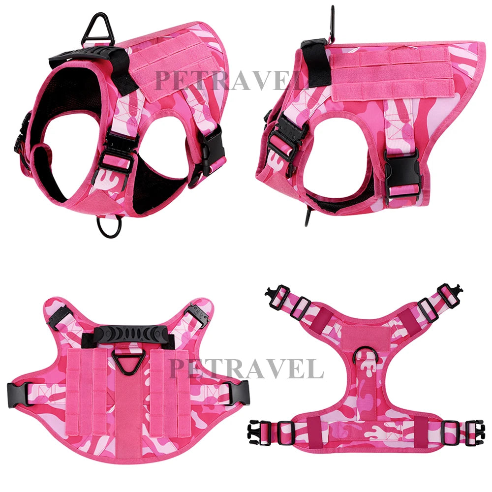 Military Dog Harness Set for Large Medium Dogs Adjustable Pink Tactical Training Vest with Collar and Leash