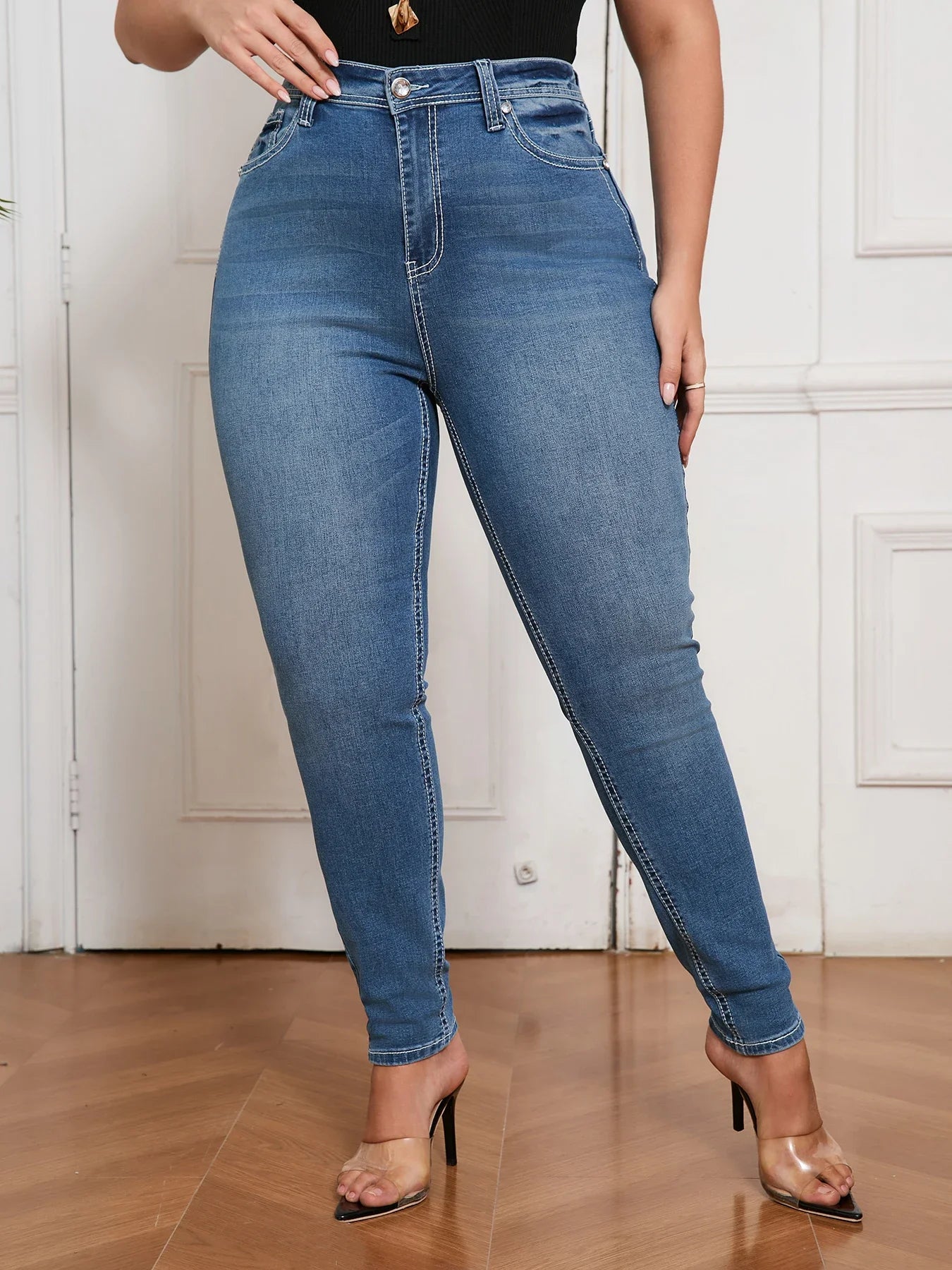 Plus Size Tummy Control Jeans Women High Rise Skinny Denim
