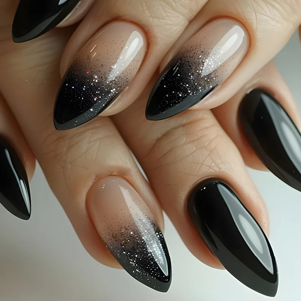 24 Pcs Almond Shape French False Nails with Glue Press On White Edge Design Simple Wearable Pink Stiletto Nail Tips