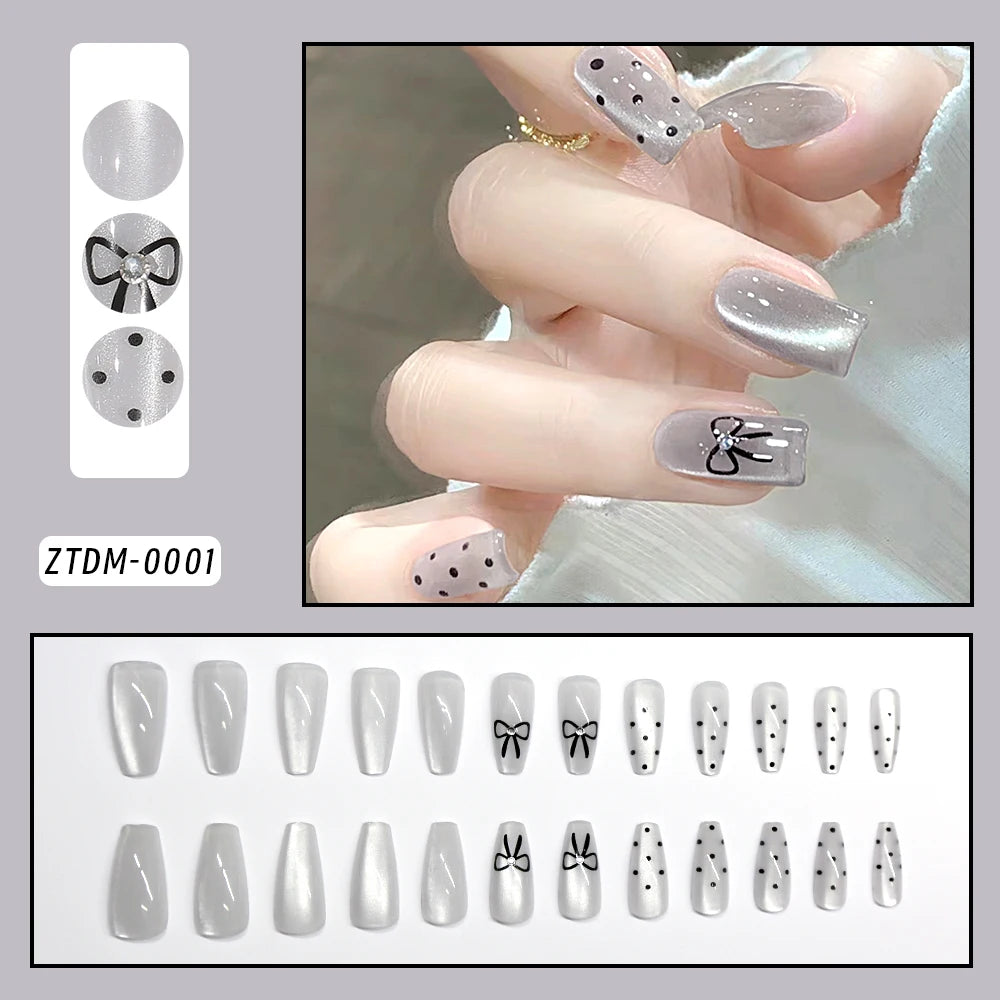 24 Pcs 3D Kuromi Press On Nails Y2K Cartoon Handmade Fake Nails Black Gel Wearable Nails Cinnamoroll Melody Anime False Nails