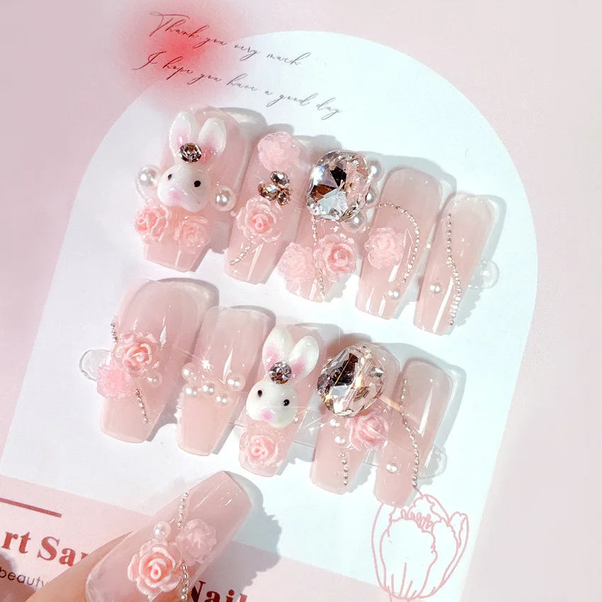 24 Pcs 3D Kuromi Press On Nails Y2K Cartoon Handmade Fake Nails Black Gel Wearable Nails Cinnamoroll Melody Anime False Nails